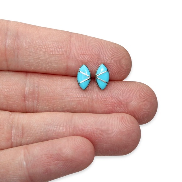 Estate Turquoise Inlay Sterling Silver Stud Earrings Zuni Native American Studs - Picture 3 of 4